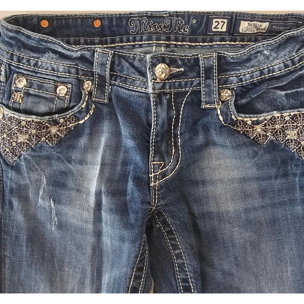 Miss Me Size 27 Jeans Fleur De Lis Rhinestone Capri Sequin Flap Pocket Crop - Picture 11 of 12